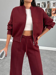 Baseball Collar Zip Up Outerwear and Drawstring Pants Set